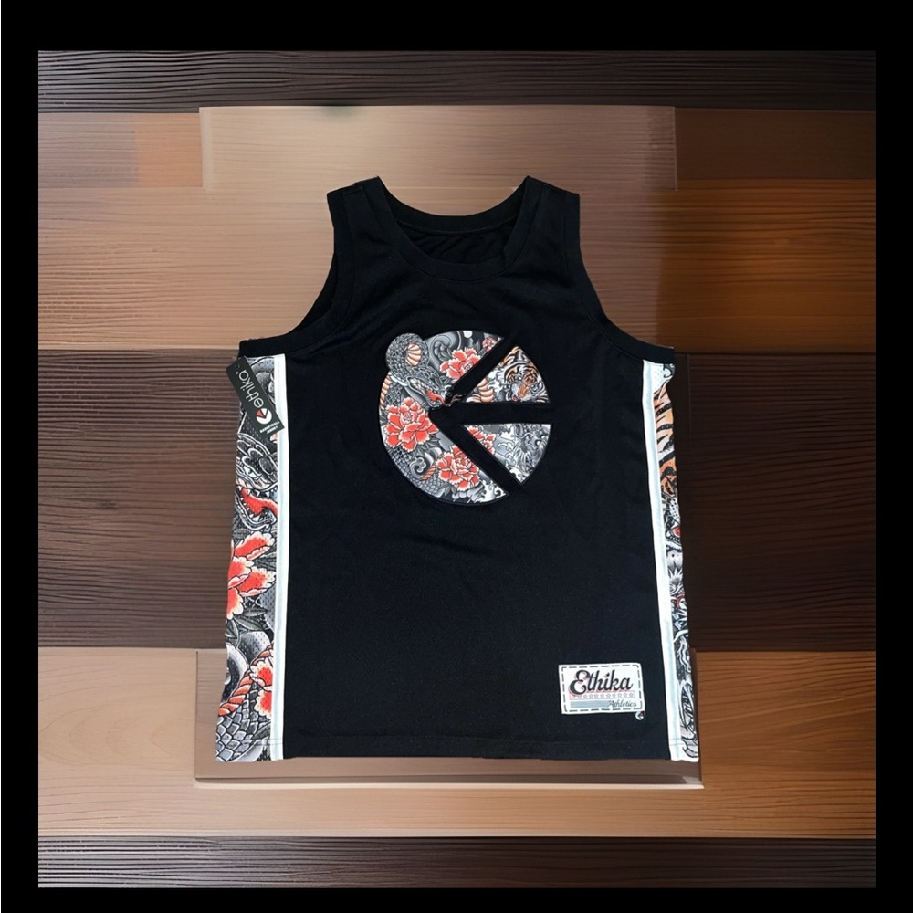 ETHIKA MENS SHOGUN BASKETBALL JERSEY Peace Emblem W/Japanese-inspired Motifs NWT